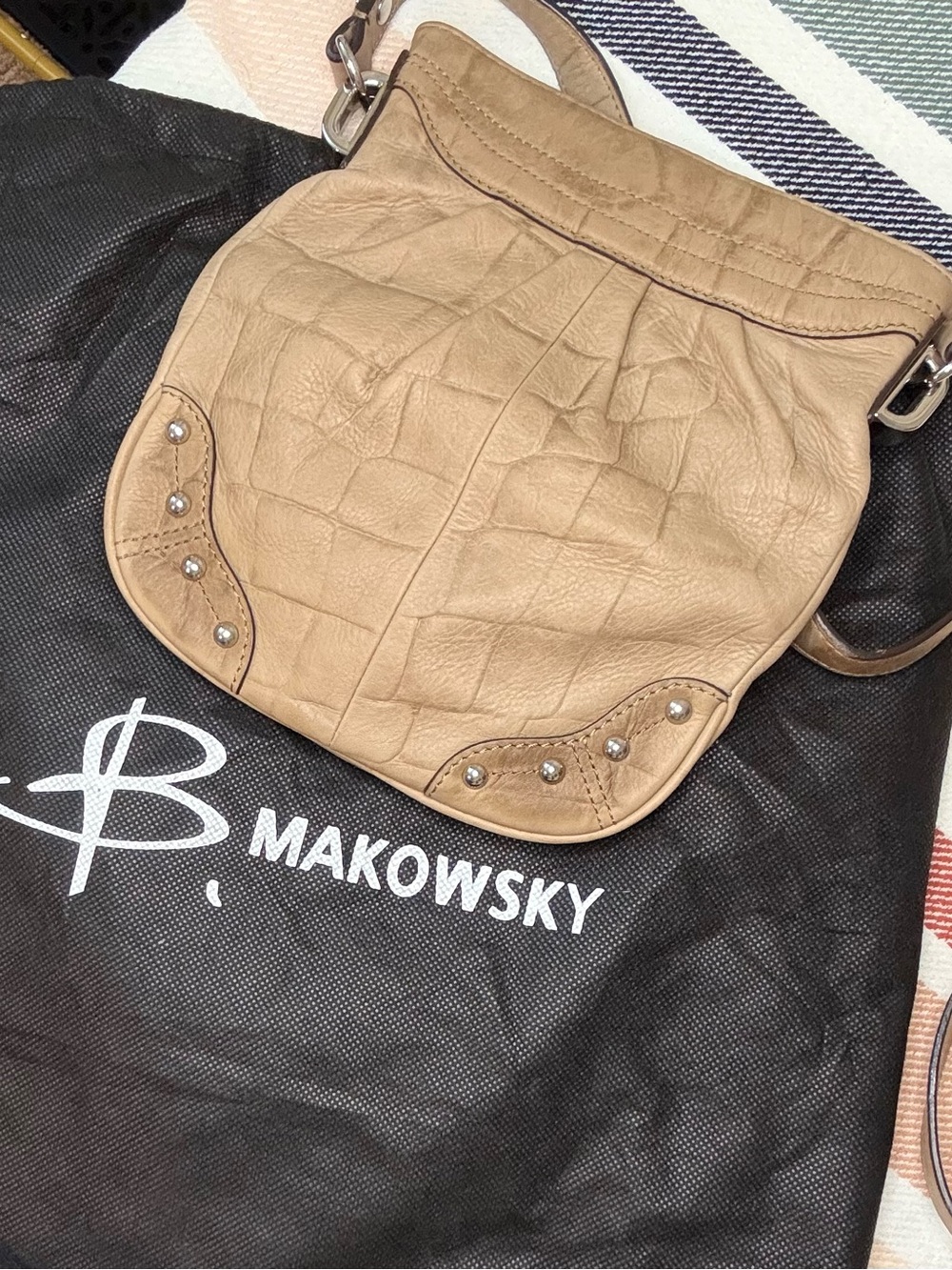 b. makowsky Tan Pebbled Leather Crossbody with Stud Accents